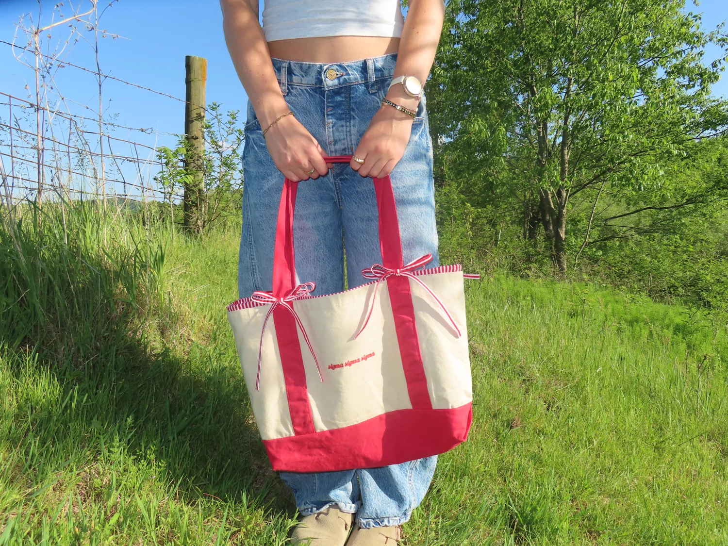Red-handled tote with a liner, carried outside in the sunshine